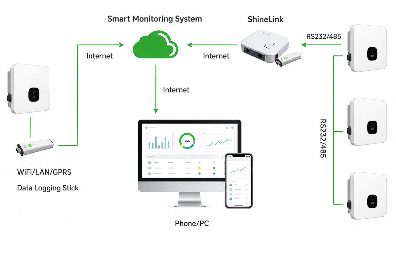 Smart monitoring system for 10–60kW grid-tied inverters