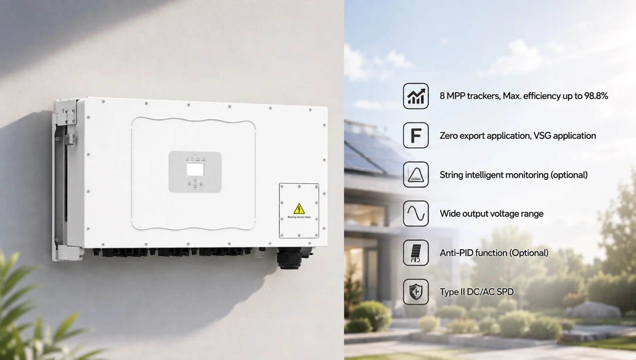 Features of the 120–136kW three-phase grid-tied solar inverter