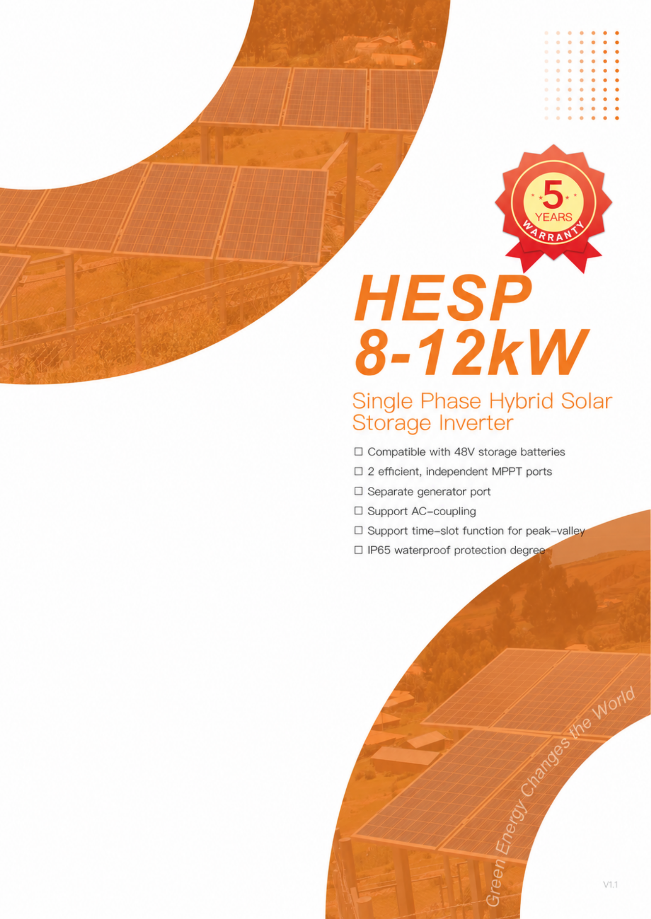 HESP 8–12kW single-phase hybrid solar storage inverter datasheet page 1