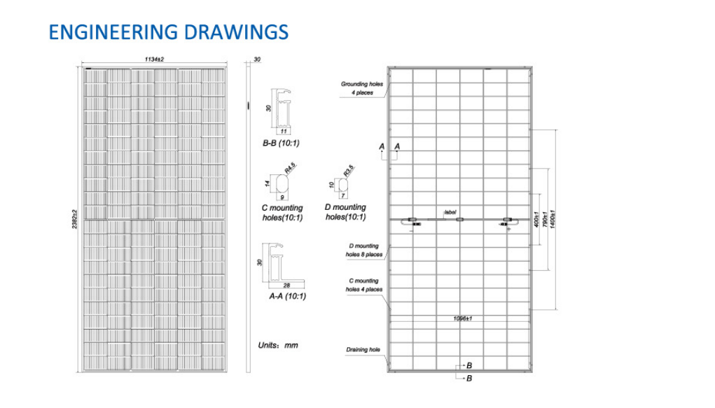 Engineering drawing for NOVASUN 635-655W solar panel