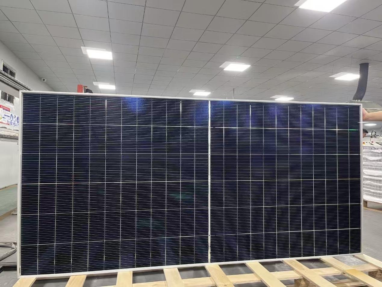 NOVASUN 655W N-Type TOPCon bifacial solar panel on a wooden support