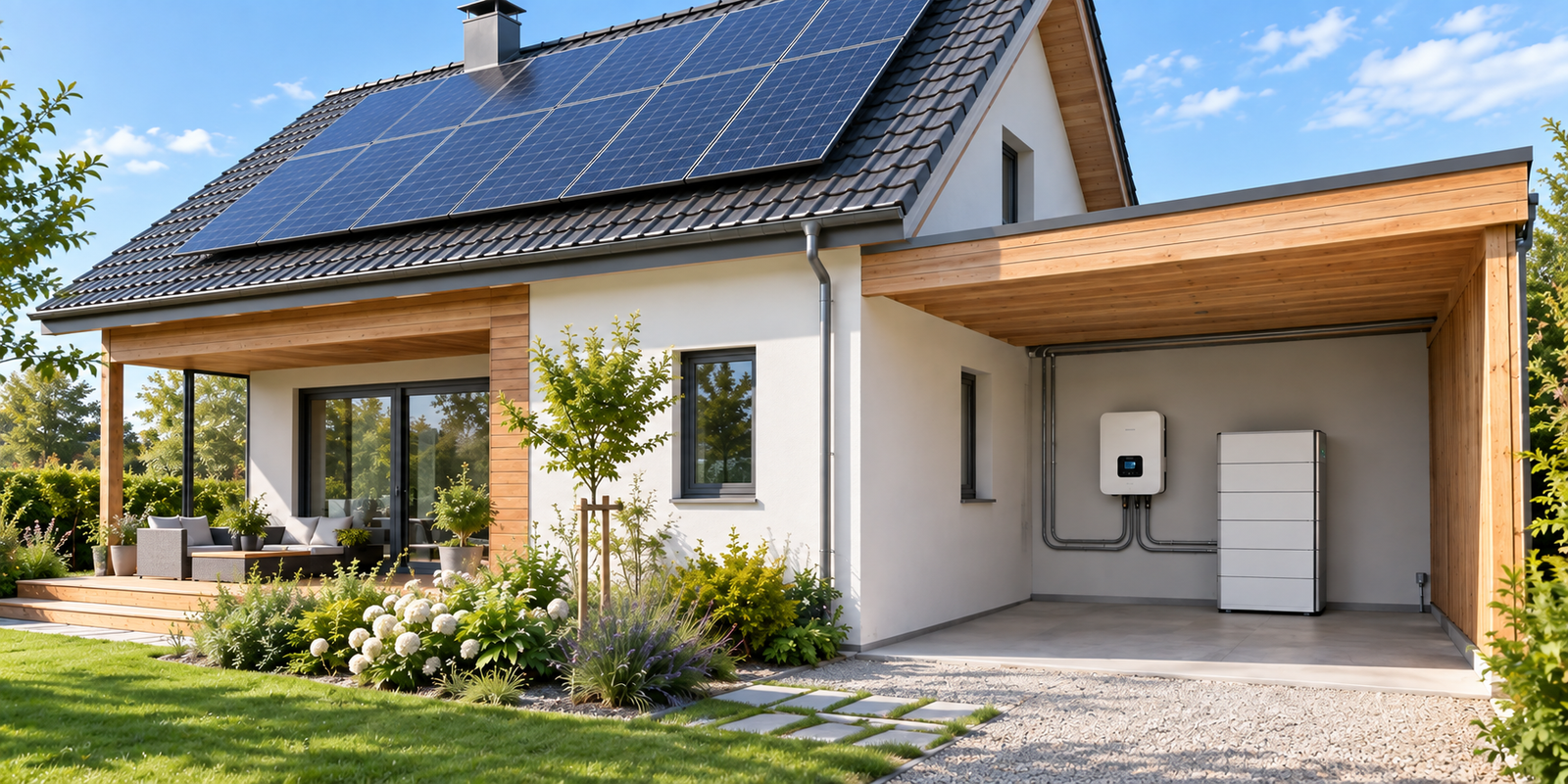 Illustrative home with installed rooftop solar panels, hybrid inverter and separate battery cabinet