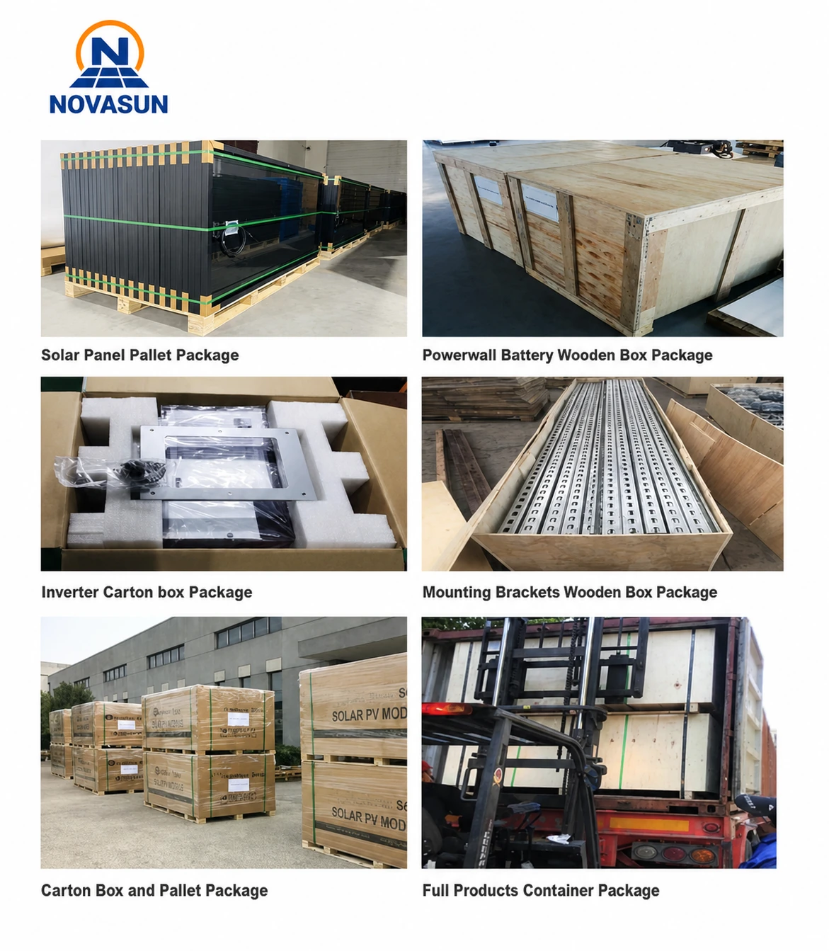 Solar panels, battery, inverter and mounting system packing and container delivery