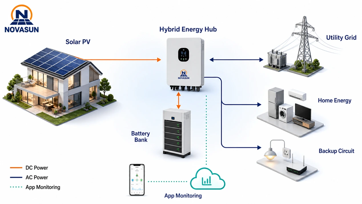 NOVASUN hybrid solar system application with solar PV, battery bank, utility grid, home loads, backup circuit and app monitoring