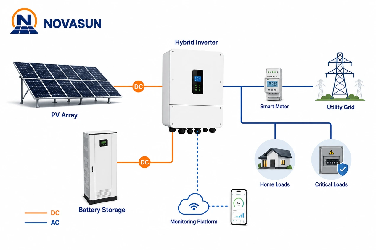 Hybrid solar system configuration with PV array, battery storage, hybrid inverter, utility grid, loads and monitoring