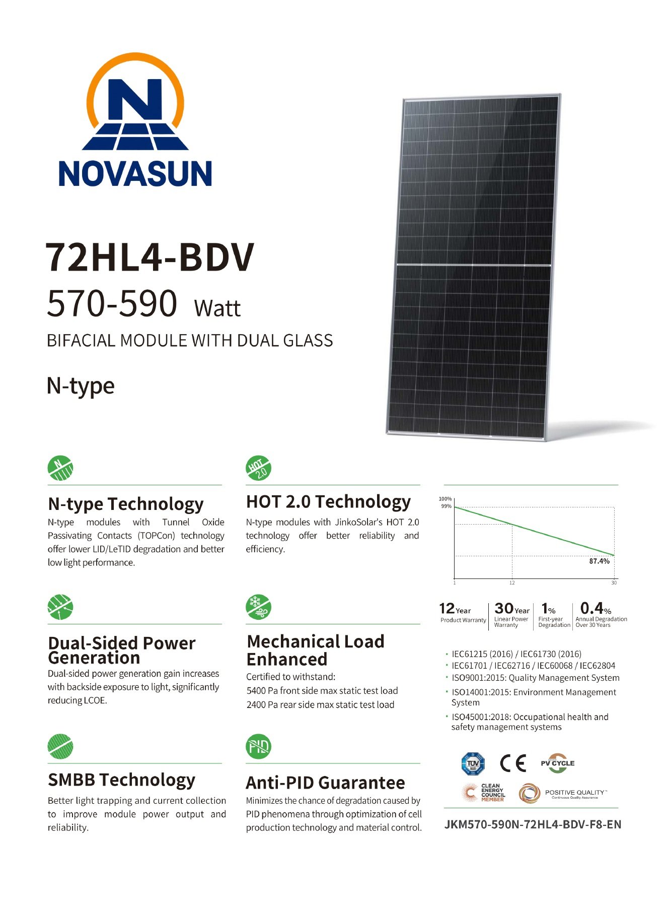 590W N-Type TOPCon Bifacial Dual-Glass Solar Module product datasheet page 1