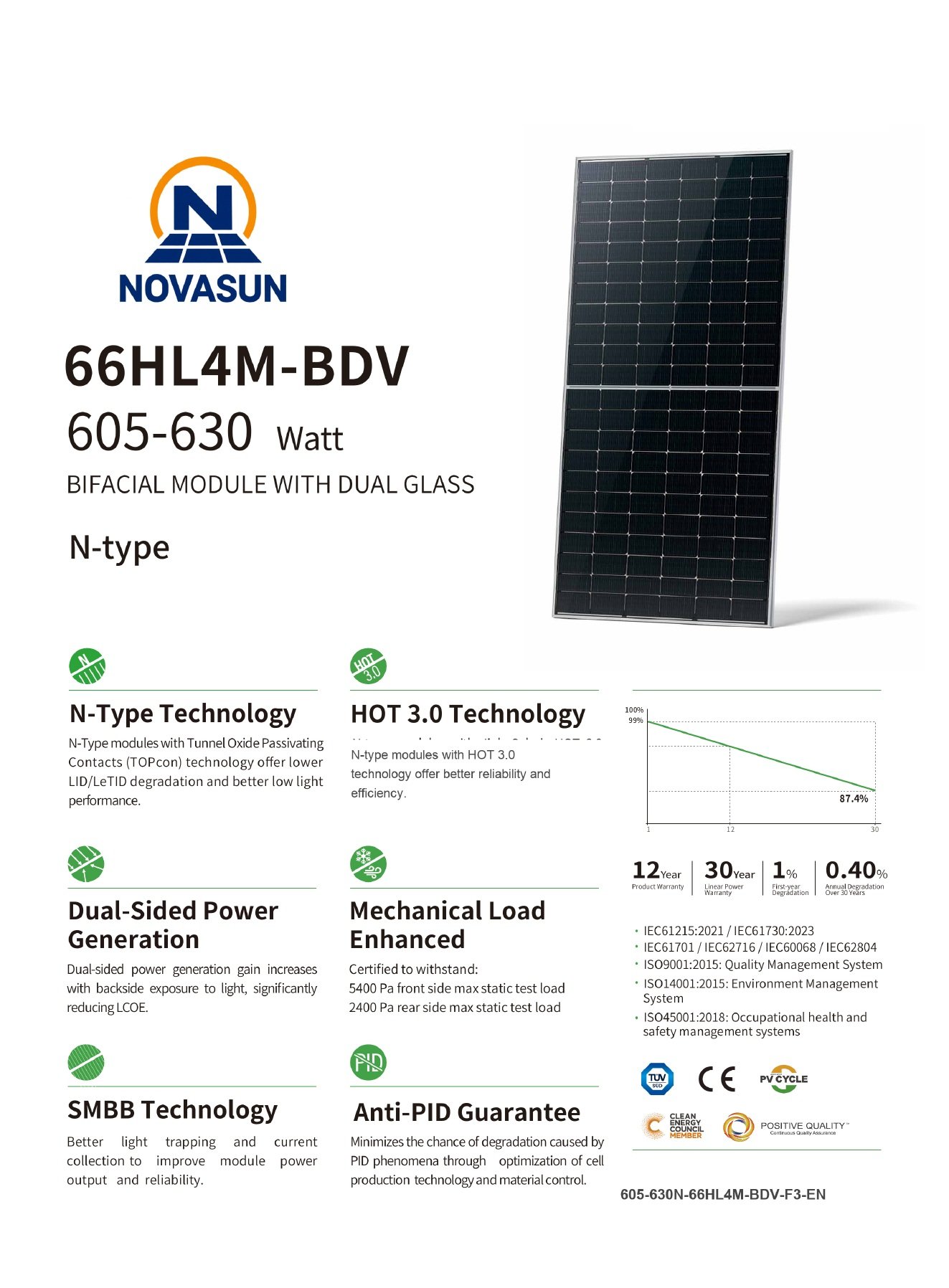 630W N-Type TOPCon Bifacial Dual-Glass Solar Module product datasheet page 1